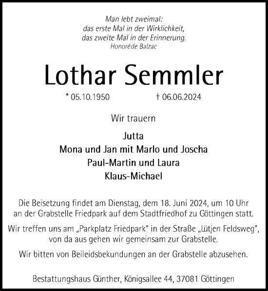 Traueranzeige von Lothar Semmler von Göttinger Tageblatt