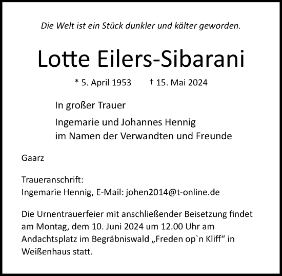 Traueranzeige von Lotte Eilers-Sibarani von Lübecker Nachrichten