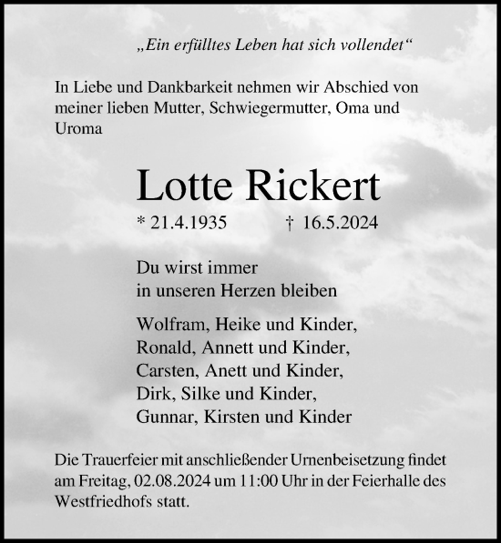Traueranzeige von Lotte Rickert von Ostsee-Zeitung GmbH