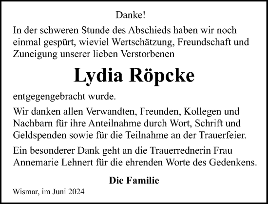 Traueranzeige von Lydia Röpcke von Ostsee-Zeitung GmbH