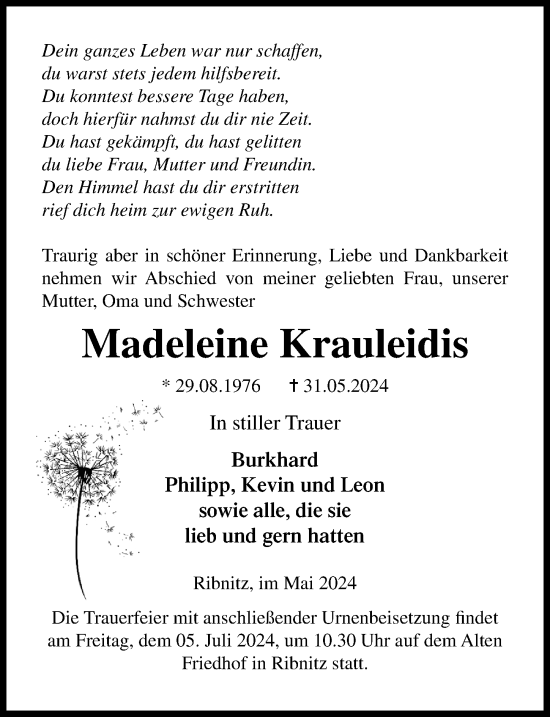 Traueranzeige von Madeleine Krauleidis von Ostsee-Zeitung GmbH
