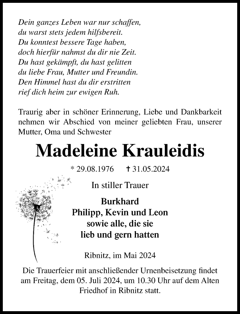  Traueranzeige für Madeleine Krauleidis vom 22.06.2024 aus Ostsee-Zeitung GmbH