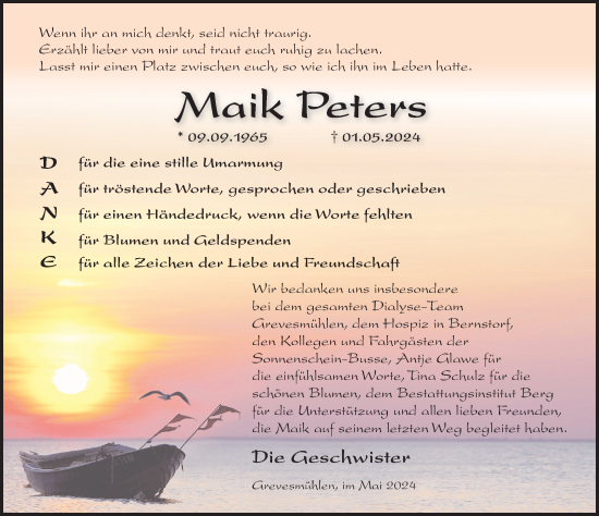 Traueranzeige von Maik Peters von Ostsee-Zeitung GmbH