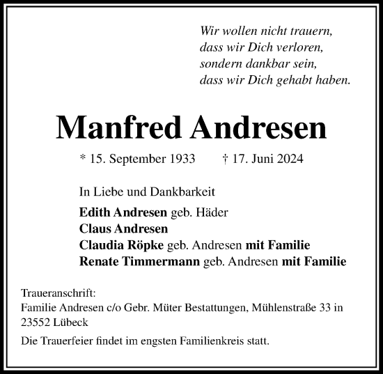 Traueranzeige von Manfred Andresen von Lübecker Nachrichten