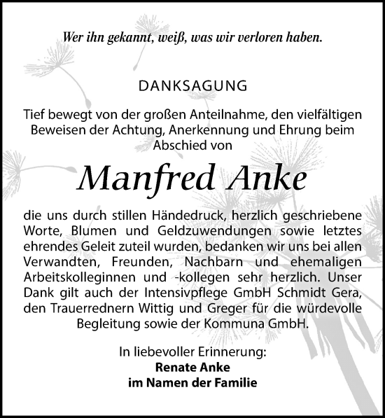 Traueranzeige von Manfred Anke von Leipziger Volkszeitung