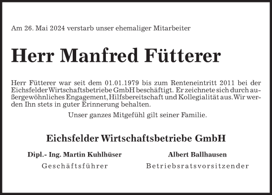 Traueranzeige von Manfred Fütterer von Eichsfelder Tageblatt