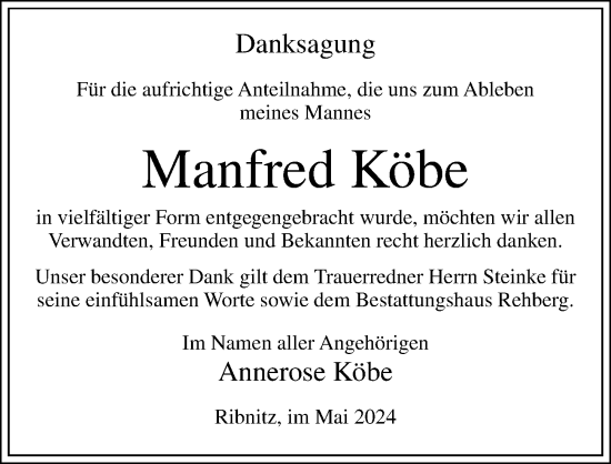 Traueranzeige von Manfred Köbe von Ostsee-Zeitung GmbH