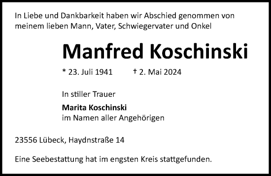 Traueranzeige von Manfred Koschinski von Lübecker Nachrichten