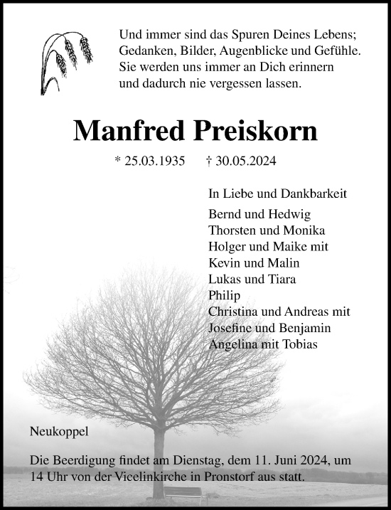 Traueranzeige von Manfred Preiskorn von Lübecker Nachrichten