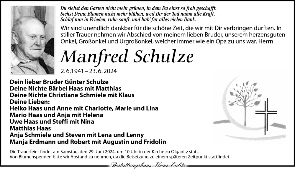  Traueranzeige für Manfred Schulze vom 27.06.2024 aus Leipziger Volkszeitung