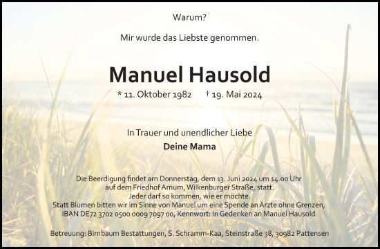 Traueranzeige von Manuel Hausold von Hannoversche Allgemeine Zeitung/Neue Presse