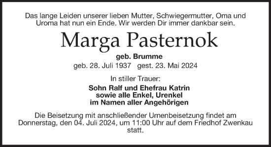 Traueranzeige von Marga Pasternok von Leipziger Volkszeitung