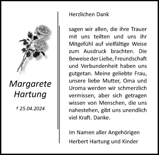 Traueranzeige von Margarete Hartung von Ostsee-Zeitung GmbH