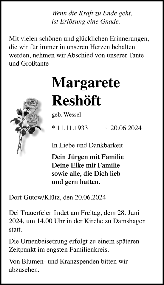 Traueranzeige von Margarete Reshöft von Ostsee-Zeitung GmbH