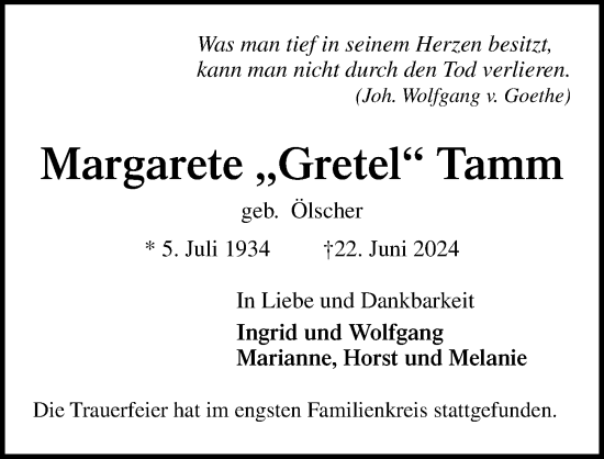 Traueranzeige von Margarete Tamm von Lübecker Nachrichten