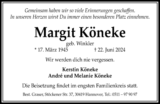 Traueranzeige von Margit Köneke von Hannoversche Allgemeine Zeitung/Neue Presse