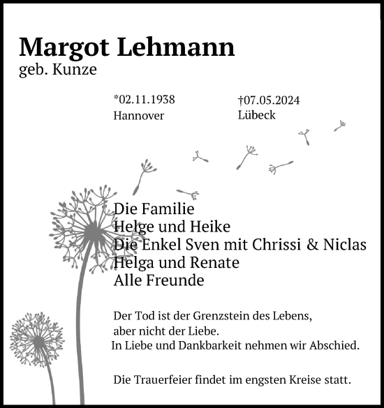 Traueranzeige von Margot Lehmann von Lübecker Nachrichten