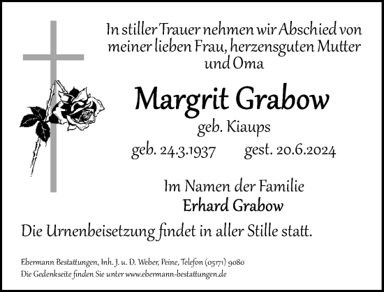 Traueranzeige von Margrit Grabow von Peiner Allgemeine Zeitung