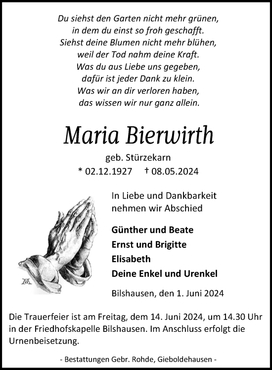 Traueranzeige von Maria Bierwirth von Eichsfelder Tageblatt