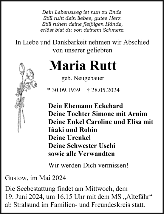 Traueranzeige von Maria Rutt von Ostsee-Zeitung GmbH