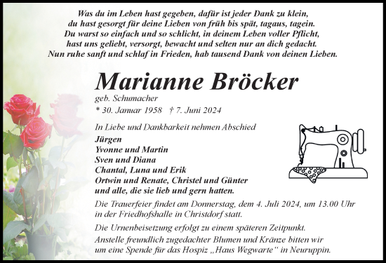 Traueranzeige von Marianne Bröcker von Wochenspiegel