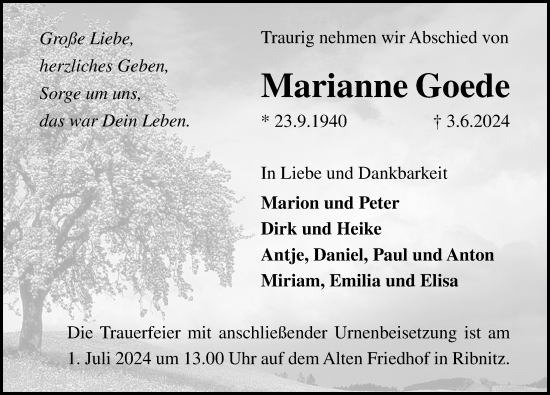 Traueranzeige von Marianne Goede von Ostsee-Zeitung GmbH