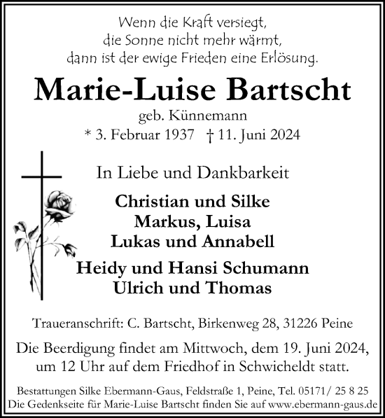Traueranzeige von Marie-Luise Bartscht von Peiner Allgemeine Zeitung