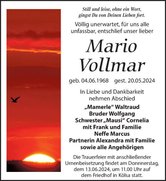 Traueranzeige von Mario Vollmar von Leipziger Volkszeitung