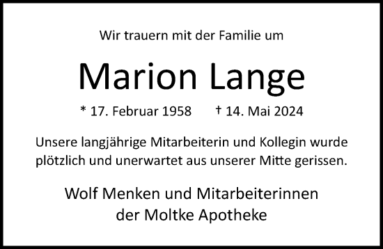 Traueranzeige von Marion Lange von Lübecker Nachrichten