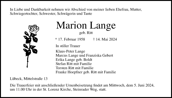 Traueranzeige von Marion Lange von Lübecker Nachrichten
