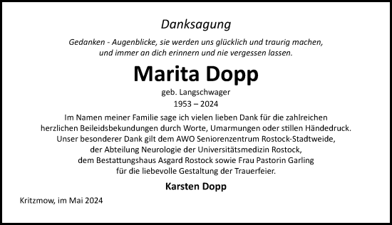 Traueranzeige von Marita Dopp von Ostsee-Zeitung GmbH