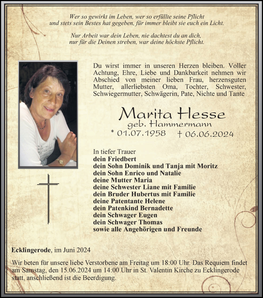  Traueranzeige für Marita Hesse vom 12.06.2024 aus Eichsfelder Tageblatt