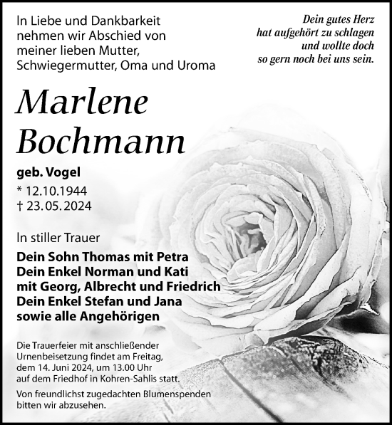 Traueranzeige von Marlene Bochmann von Leipziger Volkszeitung