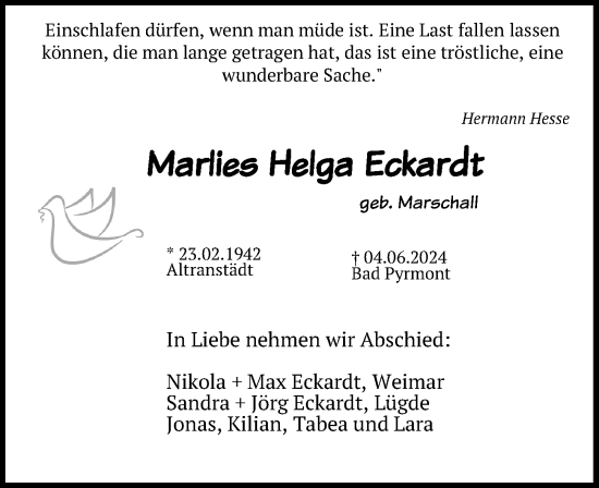 Traueranzeige von Marlies Helga Eckardt von Leipziger Volkszeitung