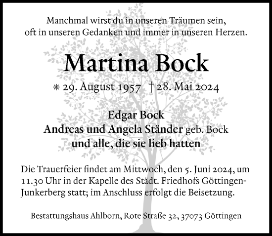 Traueranzeige von Martina Bock von Göttinger Tageblatt