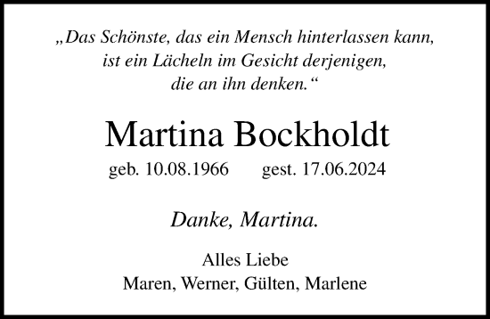 Traueranzeige von Martina Bockholdt von Lübecker Nachrichten