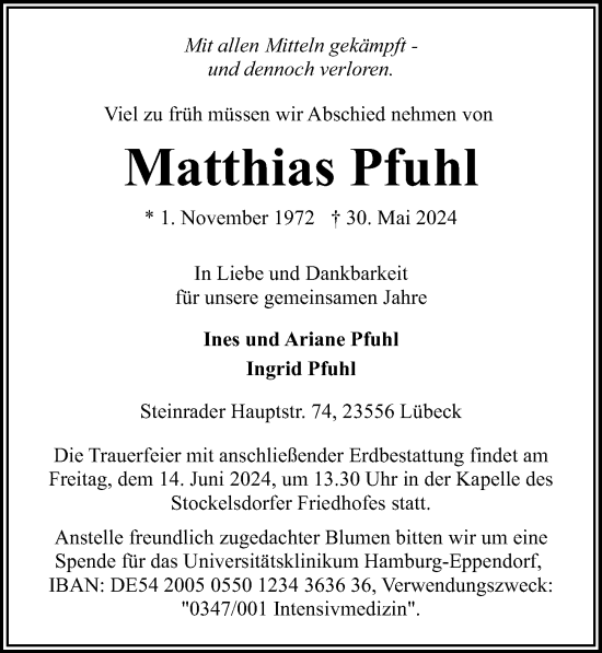 Traueranzeige von Matthias Pfuhl von Lübecker Nachrichten