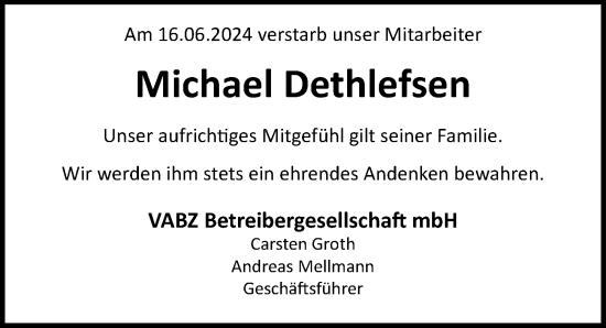 Traueranzeige von Michael Dethlefsen von Lübecker Nachrichten