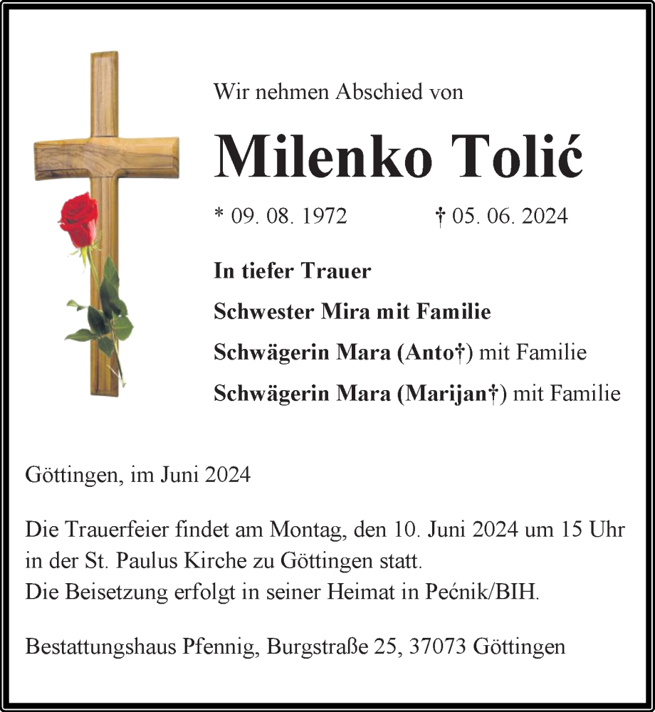  Traueranzeige für Milenko Tolic vom 08.06.2024 aus Göttinger Tageblatt
