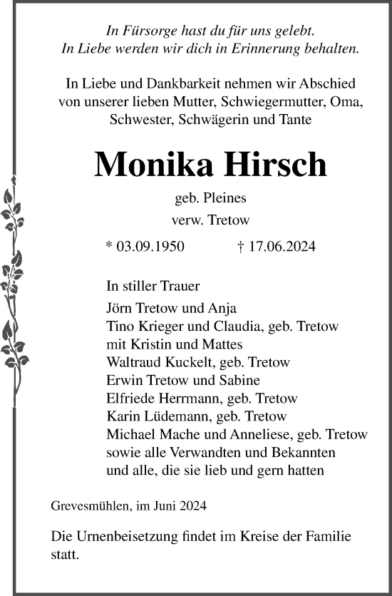 Traueranzeige von Monika Hirsch von Ostsee-Zeitung GmbH