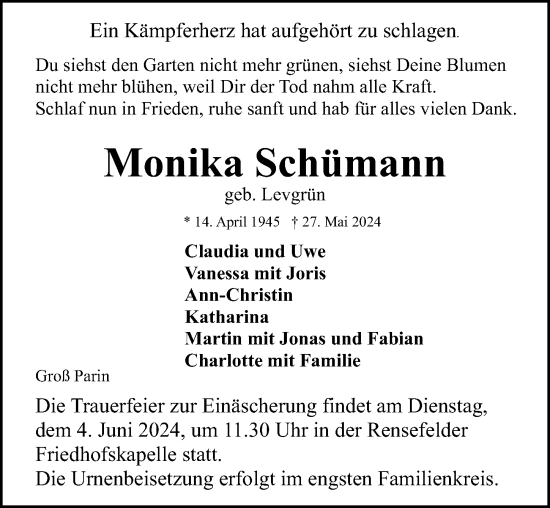 Traueranzeige von Monika Schümann von Lübecker Nachrichten