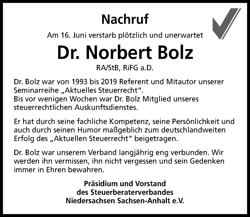  Traueranzeige für Norbert Bolz vom 29.06.2024 aus Hannoversche Allgemeine Zeitung/Neue Presse