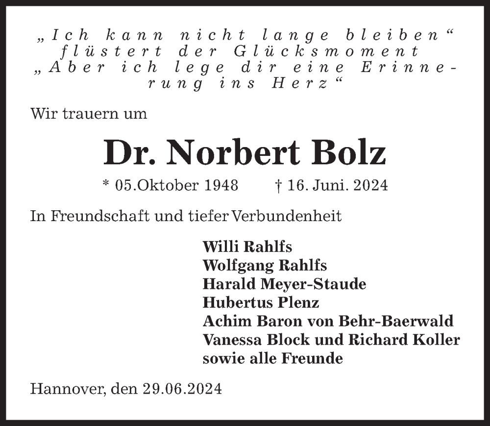  Traueranzeige für Norbert Bolz vom 29.06.2024 aus Hannoversche Allgemeine Zeitung/Neue Presse