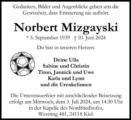 Traueranzeige von Norbert Mizgayski von Kieler Nachrichten