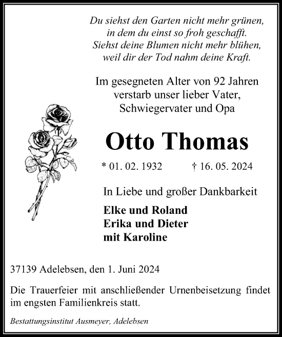 Traueranzeige von Otto Thomas von Göttinger Tageblatt