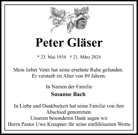 Traueranzeige von Peter Gläser von Kieler Nachrichten