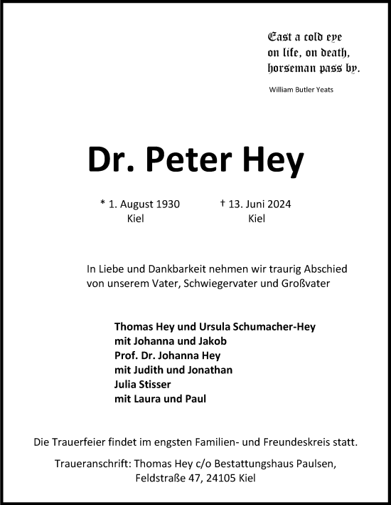 Traueranzeige von Peter Hey von Kieler Nachrichten