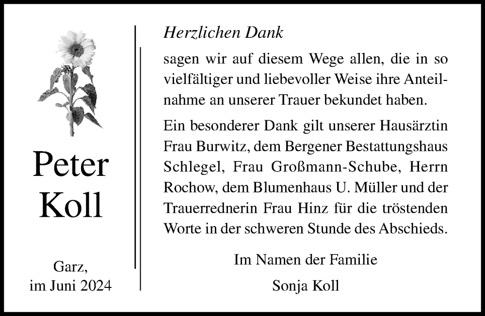  Traueranzeige für Peter Koll vom 15.06.2024 aus Ostsee-Zeitung GmbH