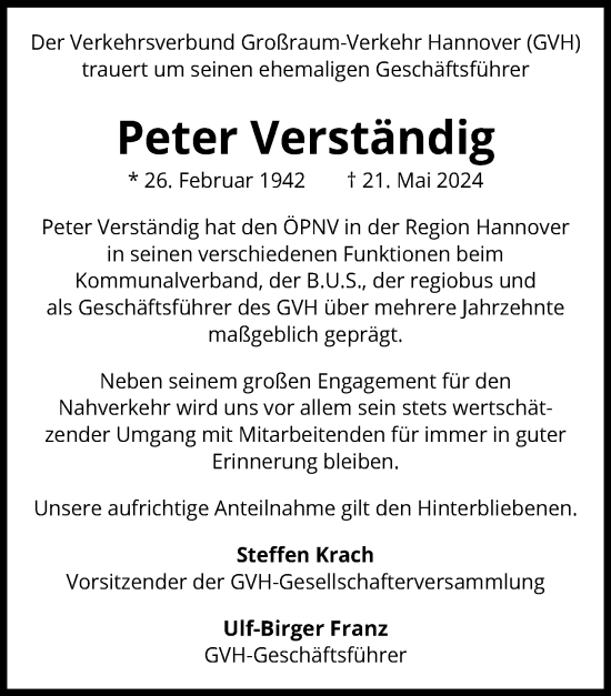Traueranzeige von Peter Verständig von Hannoversche Allgemeine Zeitung/Neue Presse