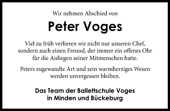Traueranzeige von Peter Voges von Schaumburger Nachrichten und Schaumburger Zeitung/ Landes-Zeitung